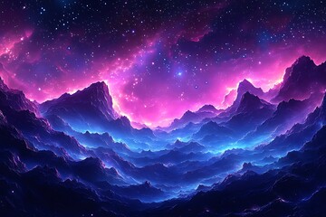 Ethereal cosmic landscape with vibrant pink and blue mountains under a starry sky