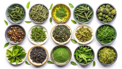 Elevated view of a premium green tea collection, highlighting the fine leaves.