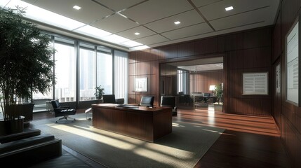 Naklejka premium Modern Dark Wood Office Interior with City View and Sunlight