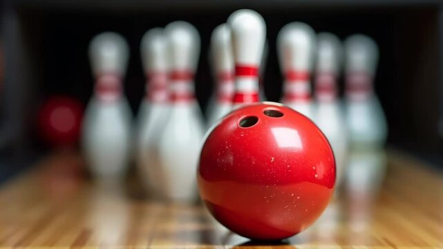 Bright Red Bowling Ball Rolling Towards Clear White Pins
