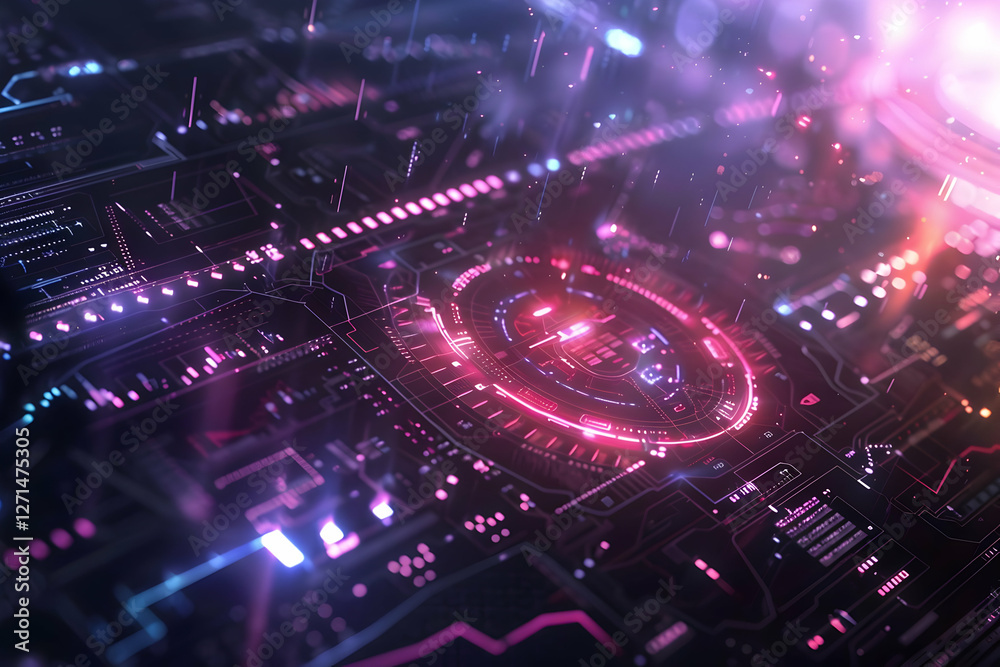 Poster futuristic digital circuit board with glowing elements and abstract data visualization