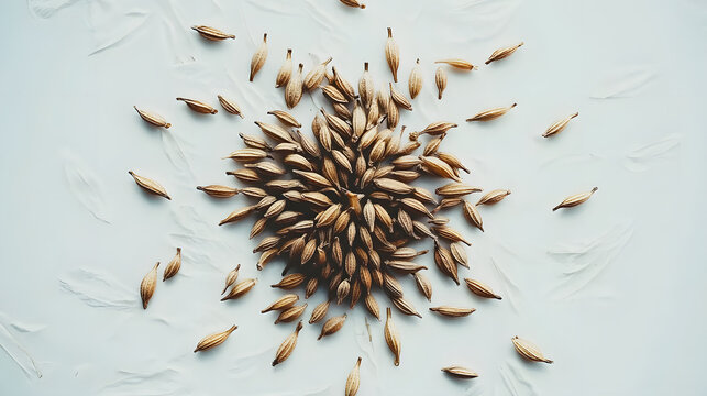 A symmetrical arrangement of cumin seeds on a white surface, focusing on their natural shape and texture.