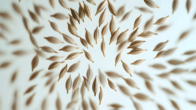 A symmetrical arrangement of cumin seeds on a white surface, focusing on their natural shape and texture.
