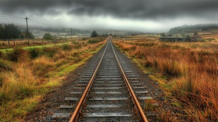 Obraz premium Captivating Empty Railroad Tracks Through a Foggy Landscape