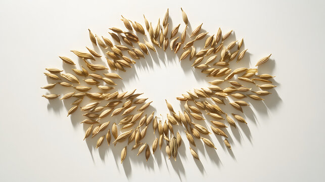 A symmetrical arrangement of cumin seeds on a white surface, focusing on their natural shape and texture.