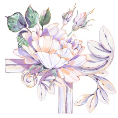 Delicate White Wild Rose Blooming Flowers, Green Leaves, And Classical Architectural Elements In A Romantic Artistic Style, Elegant Watercolor Illustration On White Background 