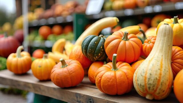 Colorful Variety of Pumpkins and Gourds at a Farmers Market