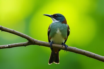 Fototapeta premium Beautiful Green and White Bird Perched on a Branch in a Lush Green Background