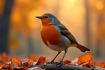 Fototapeta premium Beautiful Robin Bird Perched on Autumn Leaves in Golden Light