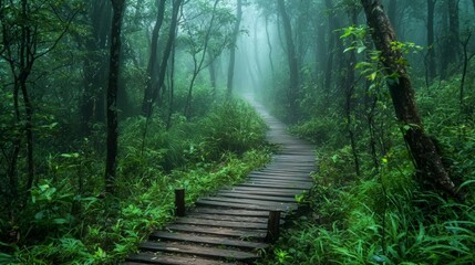 Obraz premium Serene Nature Path Through Lush Green Forest with Misty Atmosphere