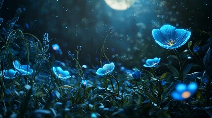 Enchanted Blue Flowers Under a Moonlit Night Sky