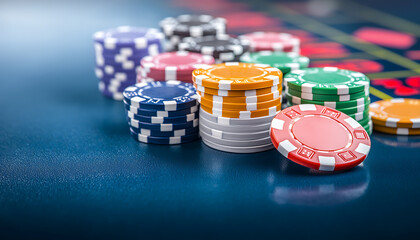 close up of colorful poker chips stacked on casino table, evoking excitement Casino cultural trends.