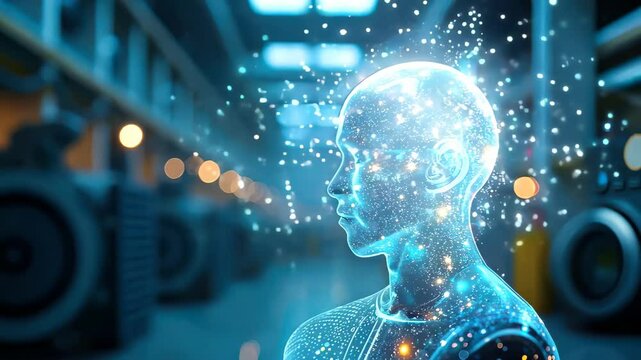 Futuristic Human Head with Glow Effect and Starry Texture in Factory