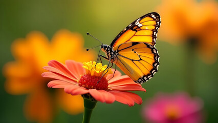 Fototapeta premium Orange butterfly with delicate wings on a pink flower, in soft sunlight. Blurred green and pink background highlights natural beauty