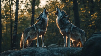 Two Wolves Howling in the Forest at Dusk with Golden Light