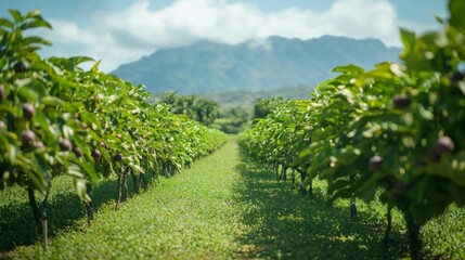Naklejka premium Lush Fruit Orchard Surrounded by Mountains and Blue Sky