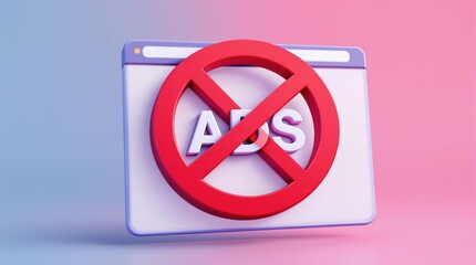 ad-blocking icon with a red prohibition symbol over the word ads, symbolizing digital privacy, online security, interruption-free browsing, and internet user control over advertisements