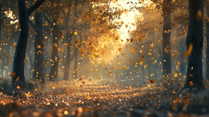 Tranquil Autumn Forest Scene with Falling Leaves and Soft Light