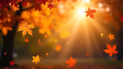 Red maple leaves falling with sunlight filtering through trees on a blurred autumn background. Concept of seasonal change and nature beauty