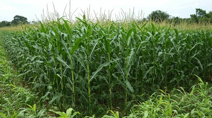 Fototapeta premium Lush Green Cornfield with Tall Stalks under Cloudy Sky