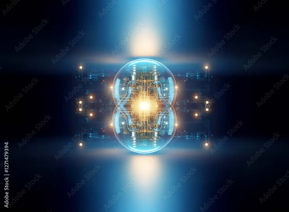Fototapete abstract sci-fi background featuring a glowing sphere with intricate digital patterns and bright lig