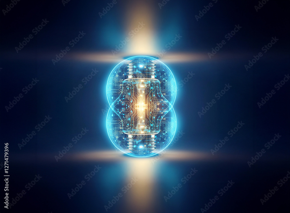Poster Abstract sci-fi background with a luminous blue energy sphere and intricate golden elements. It has a futuristic and dynamic feel.