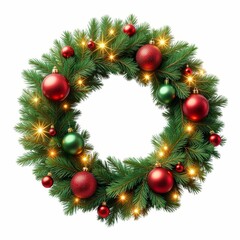 Festive Christmas Wreath with Red Ornaments Green Accents and Warm Lighting Holiday Season Ambiance