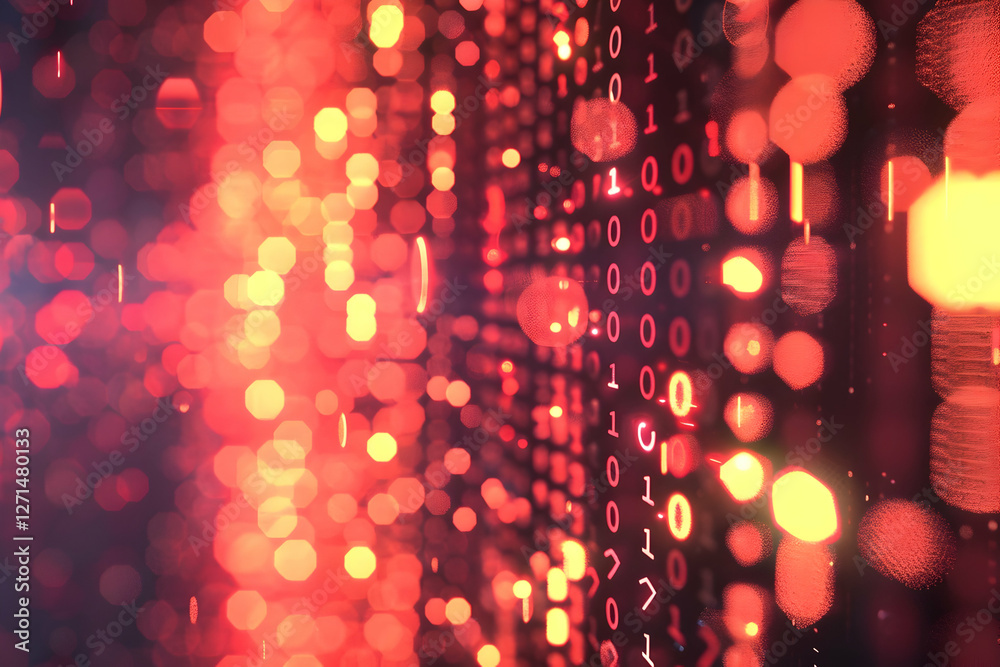 Poster abstract digital background with binary code and glowing particles creating a vibrant atmosphere