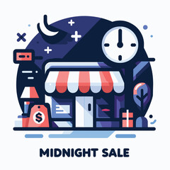 Obraz premium Midnight Sale Illustrated Storefront with Clock and Moon - Flat Illustration
