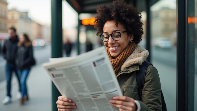 Reading the News on a City Street: An intellectual woman, absorbed in her newspaper at a bus stop, represents information consumption and modern urban living. Capture her enjoyment of the media.