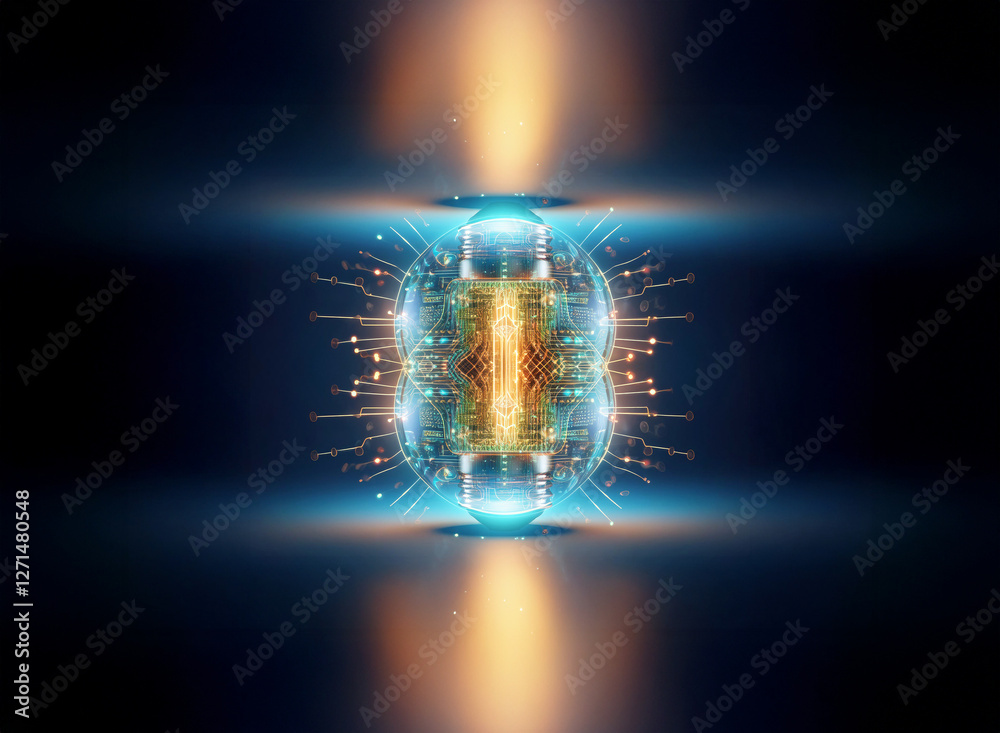 Fototapete Abstract sci-fi background featuring a symmetrical glowing orb with blue and orange lights and circuit patterns on a dark backdrop. Light rays project.