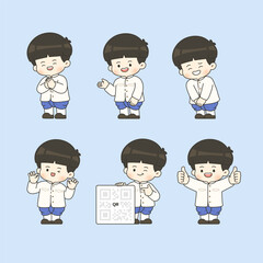 Cute Thai Boy in Traditional Costume - Cartoon Character Set