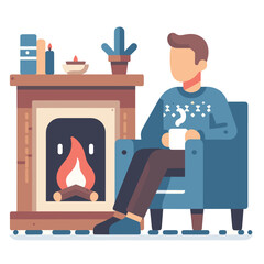 Cozy Winter Scene by Fireplace with Warm Sweater and Hot Drink - Flat Illustration