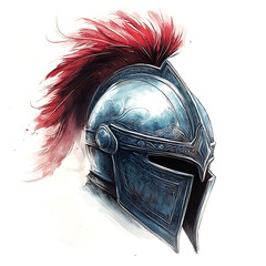 Medieval Knight's Helmet with Red Feathers Watercolor Painting