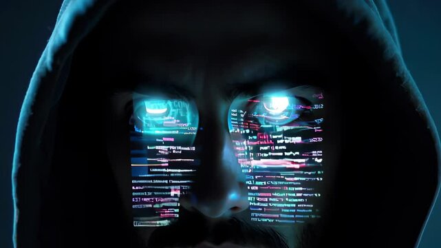 Mysterious Hacker with Cyber Code Reflected in Intense Eyes