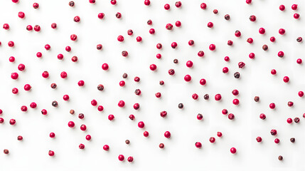 A vibrant arrangement of pink peppercorns scattered across a white background, showcasing their vivid color and rough texture.