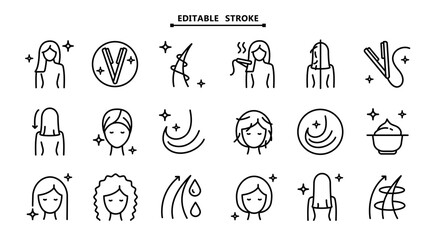 Hair straightener icons set for hair care treatment and beauty or woman salon. Editable stroke. Hair straightener appliance for female haircut straightening and haircare cosmetic treatment symbols