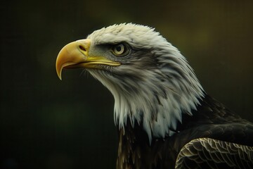 Obraz premium A majestic close-up of a bald eagle, showcasing its sharp beak, intense eyes, and detailed feather patterns against a dark background.