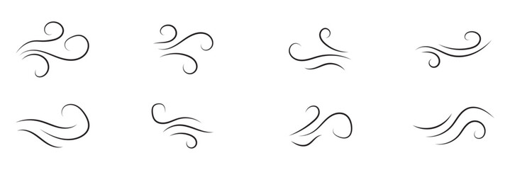 Doodle wind line sketch set. Hand drawn wind motion, air blow, swirl elements. smoke flow art, abstract line. vector illustration.