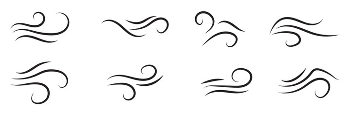 Fototapeta premium Doodle wind line sketch set. Hand drawn wind motion, air blow, swirl elements. smoke flow art, abstract line. vector illustration.