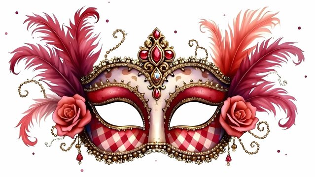 An elegant Venetian masquerade mask adorned with red feathers, delicate roses, and sparkling jewels, creating a luxurious and mysterious atmosphere
