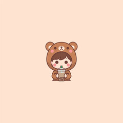 Cute boy with bear costume drinking bubble tea cartoon, vector illustration