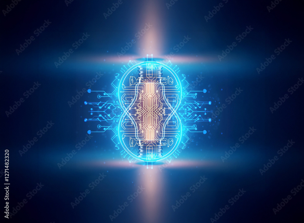 Fototapete Abstract sci-fi background of a glowing circuit pattern in blue and gold. Futuristic and technological design element with bright lights.