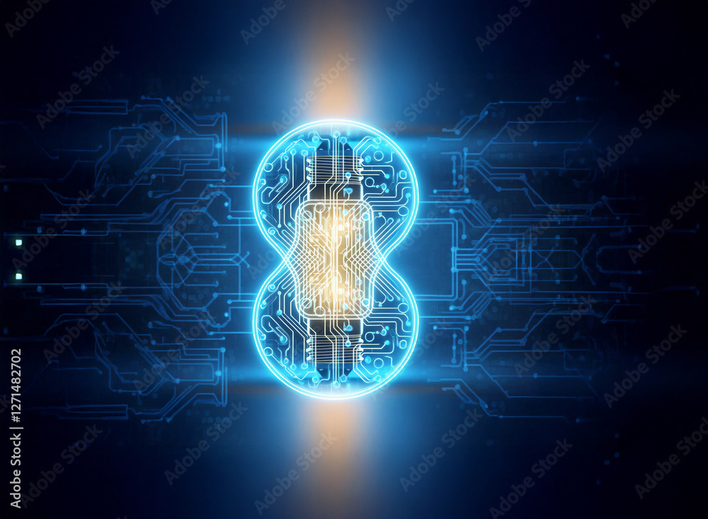 Aufkleber Abstract sci-fi background with glowing blue circuits forming an infinity symbol shape, radiating light in a digital futuristic style.