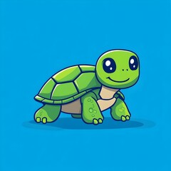 Cute Cartoon Turtle in Simple Flat Illustration Style with Bright Colors on a Blue Background