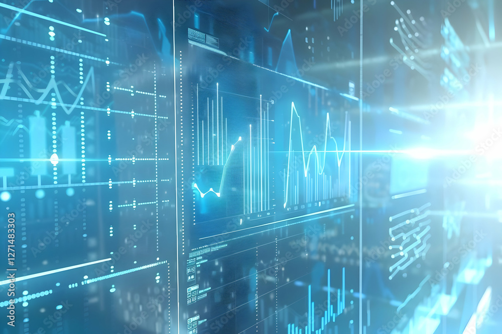 Poster futuristic data visualization with graphs and charts displaying analytics in a digital environment