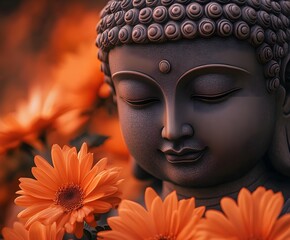 Stone Buddha sculpture with bright blooming flowers and greenery