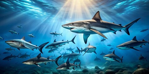 Naklejka premium A school of sharks gracefully swims through sunlit ocean depths, their sleek forms silhouetted against the vibrant blue water, creating a breathtaking underwater scene.