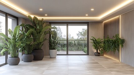 Fototapeta premium Serene modern interior space boasts warm lighting and lush tropical plants artfully arranged. AI Generated