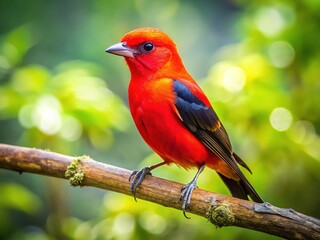 Obraz premium Long exposure portrait of a scarlet tanager, blurred background highlighting the bird's beauty.